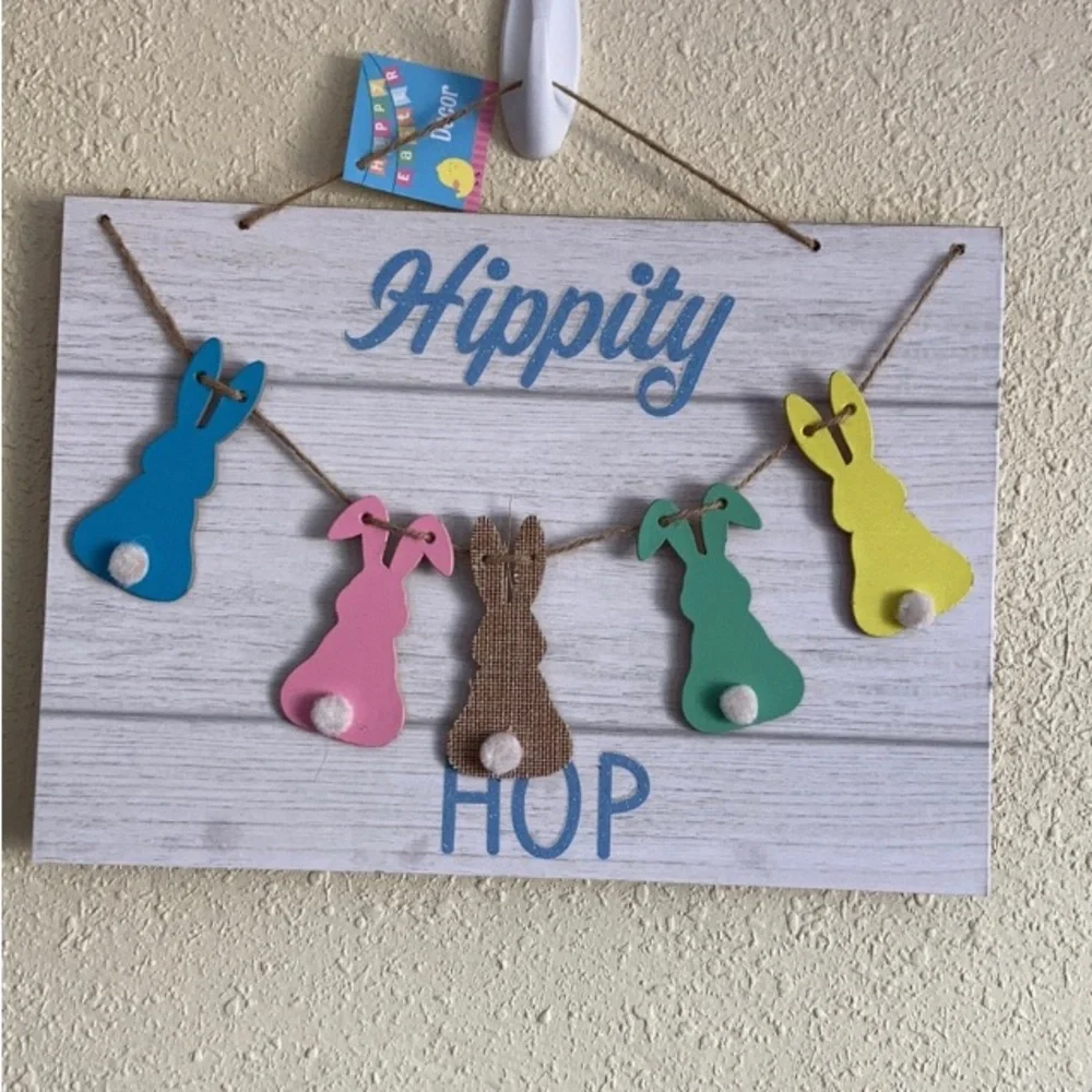 Hippity Hop Easter spring front door sign NEW art peep bunny rabbits